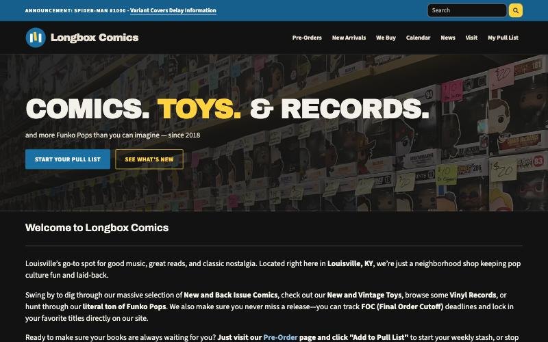 Longbox Comics homepage built on Pullwise, with the shop's own logo and colors